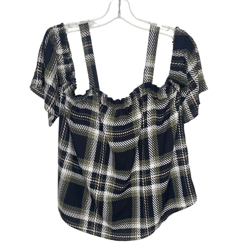 Candie's Green Black Plaid Cold Shoulder Ruffle Top Adjustable Straps Large